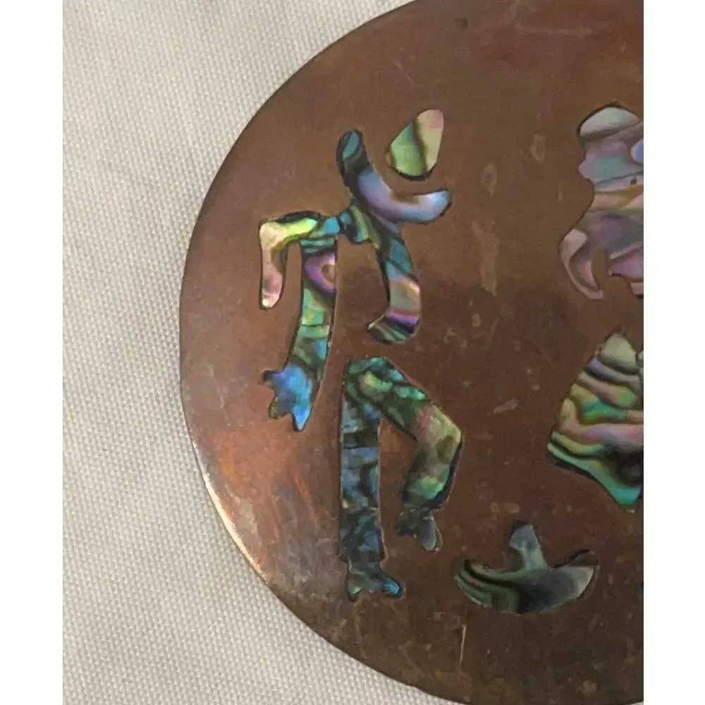Vintage Copper Abalone Shell Inlay Dancer Brooch Pendant Southwestern
